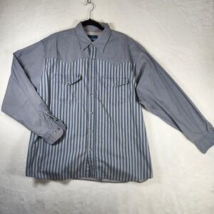 Vtg Wrangler‎ Western Shirt Mens XL Long Sleeve Blue Stripe Plaid Cowboy Rodeo